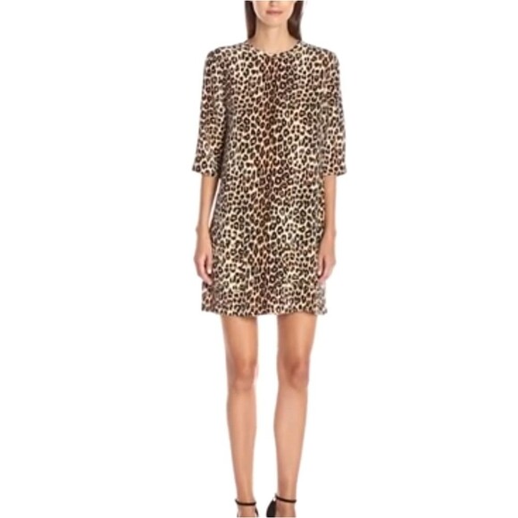 Equipment Aubrey Leopard Spotted 100% Silk 3/4 Sleeve Shift Dress Women's Small - Picture 1 of 14